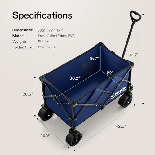 VIVOSUN Collapsible Folding Wagon | Outdoor Utility Cart with Silent All-Terrain Wide Wheels | Adjustable Handle | Perfe