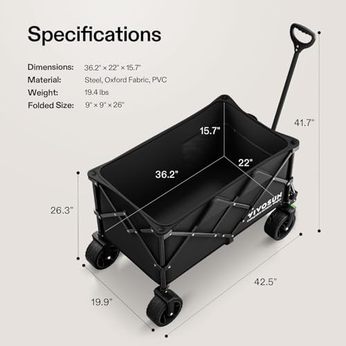 VIVOSUN Collapsible Folding Wagon | Outdoor Utility Cart with Silent All-Terrain Wide Wheels | Adjustable Handle | Perfe