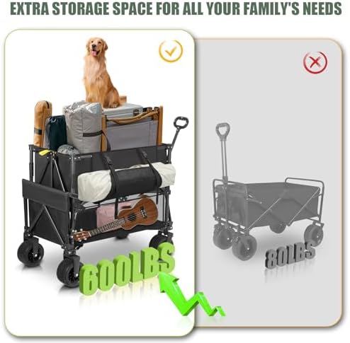 "Double Decker Wagon Heavy Duty Collapsible Utility Cart for Beach & Camping - 600LBS Capacity, Durable Steel Frame, Fol