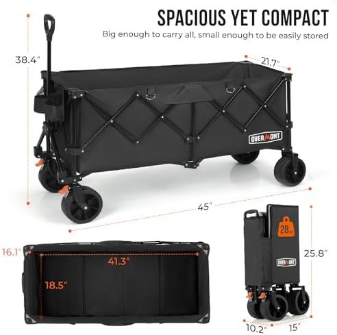 Overmont 45'' Heavy Duty Collapsible Utility Wagon - 440lbs Large Capacity Folding Cart with All-Terrain Wheels for Camp