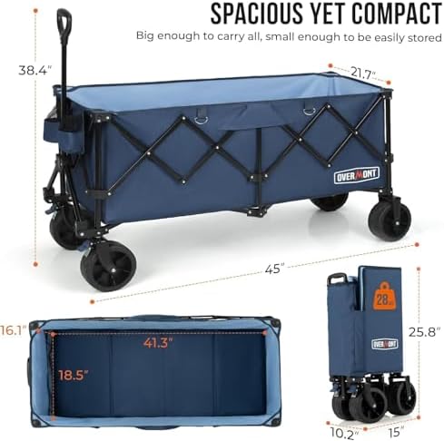 Overmont 45'' Heavy Duty Collapsible Utility Wagon - 440lbs Large Capacity Folding Cart with All-Terrain Wheels for Camp