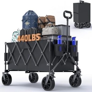 "Collapsible Wagon Cart 440lbs Capacity - Heavy Duty Folding Utility Cart with Side Pockets for Beach, Camping, Sports -