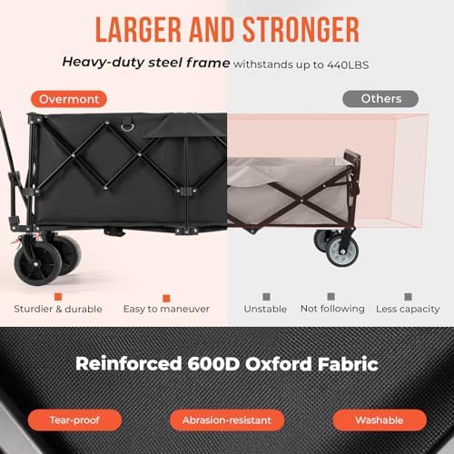 Overmont 45'' Heavy Duty Collapsible Utility Wagon - 440lbs Large Capacity Folding Cart with All-Terrain Wheels for Camp