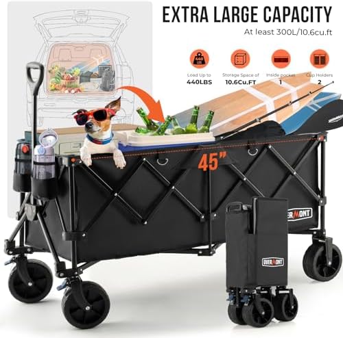 Overmont 45'' Heavy Duty Collapsible Utility Wagon - 440lbs Large Capacity Folding Cart with All-Terrain Wheels for Camp