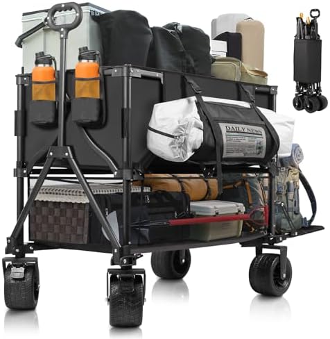 "Double Decker Wagon Heavy Duty Collapsible Utility Cart for Beach & Camping - 600LBS Capacity, Durable Steel Frame, Fol