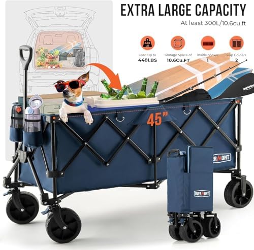 Overmont 45'' Heavy Duty Collapsible Utility Wagon - 440lbs Large Capacity Folding Cart with All-Terrain Wheels for Camp